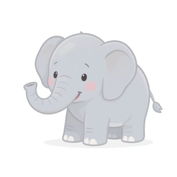 Download this elephant cartoon illustration in a clean flat 2D style, perfect for kids learning apps, animal books, and friendly educational visuals.