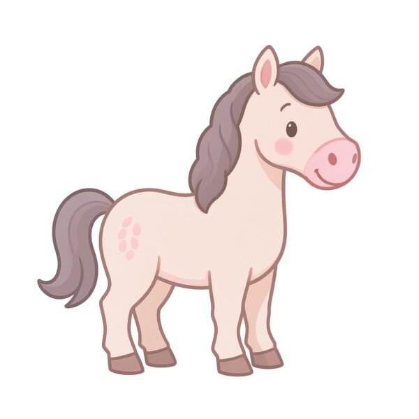 Download this horse cartoon illustration in a friendly flat 2D style, ideal for kids learning materials, farm animal charts, and educational designs.