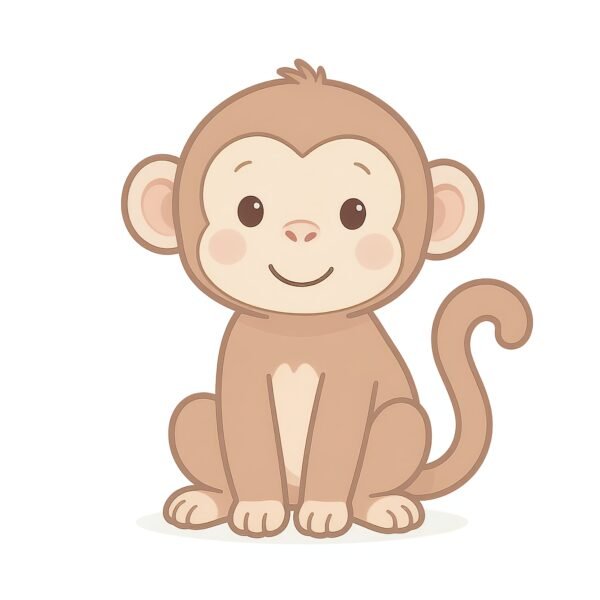 Download this friendly monkey cartoon illustration in clean 2D flat style, ideal for kids learning materials, animal charts & playful educational designs.