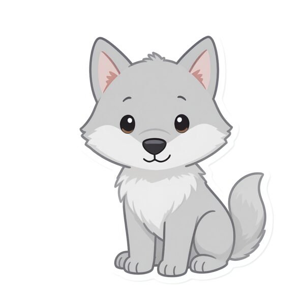 Download this wolf cartoon illustration in a clean flat 2D style, ideal for wildlife learning materials and kid-friendly animal designs.