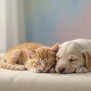 peaceful scene featuring cute baby animals resting calmly. A baby puppy and baby kitten lying together on a soft surface