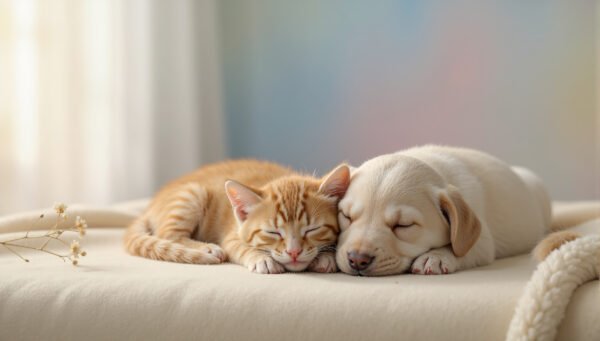 peaceful scene featuring cute baby animals resting calmly. A baby puppy and baby kitten lying together on a soft surface