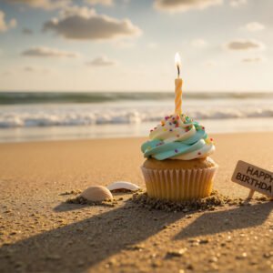 Download this beach birthday cupcake photo with lit candle and ocean background, perfect for celebration posts, greeting cards, and summer party designs.