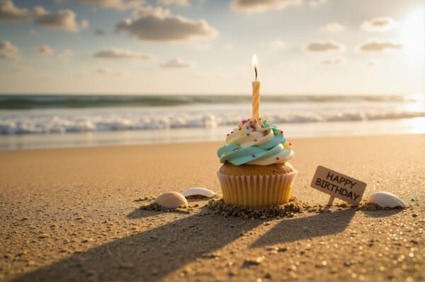 Download this beach birthday cupcake photo with lit candle and ocean background, perfect for celebration posts, greeting cards, and summer party designs.