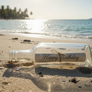 Download this happy birthday message in bottle beach photo, ideal for creative greeting designs, summer celebration content, and festive social posts.