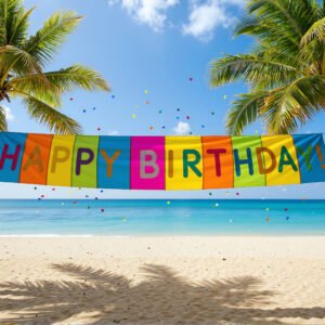 Download this happy birthday beach banner photo with palm trees and ocean background, perfect for tropical party invitations & festive social media designs