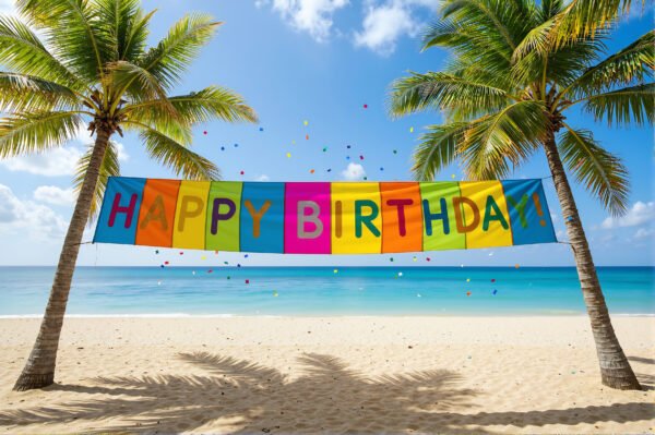 Download this happy birthday beach banner photo with palm trees and ocean background, perfect for tropical party invitations & festive social media designs