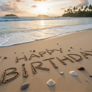 Download this happy birthday written in beach sand photo, ideal for summer greeting cards, coastal celebration posts, and creative birthday visuals.