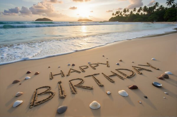 Download this happy birthday written in beach sand photo, ideal for summer greeting cards, coastal celebration posts, and creative birthday visuals.