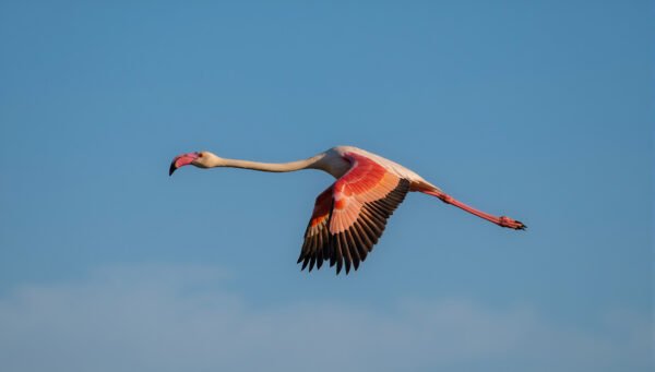 Majestic flamingo in mid flight with wings fully spread vibrant pink feathers flying against clear blue sky dynamic action shot wings extended showing impressive wingspan long neck stretched forward