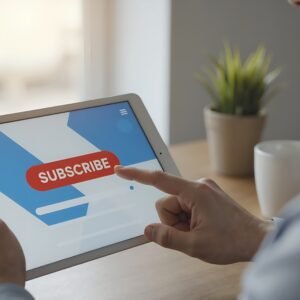 Download this realistic tablet subscribe button click photo, ideal for digital marketing blogs, social media growth content, and website conversion visuals.