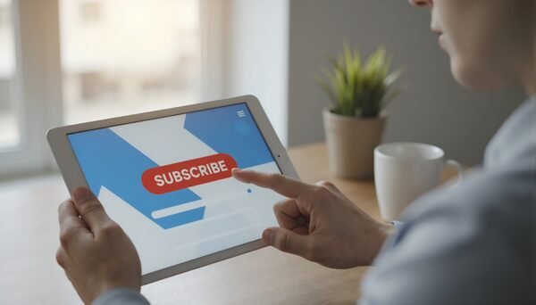 Download this realistic tablet subscribe button click photo, ideal for digital marketing blogs, social media growth content, and website conversion visuals.