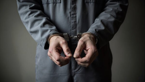 Download this realistic close-up of prisoner hands in metal handcuffs, ideal for crime reporting visuals, law enforcement themes & justice awareness content