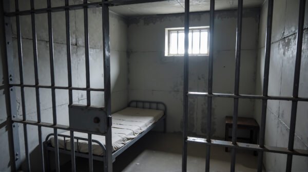 Download realistic empty prison cell photo with metal bars & cold concrete walls, perfect for crime articles, justice system & documentary visuals
