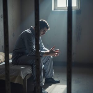 Download this realistic prisoner in cell photo with dim lighting, ideal for justice awareness articles, crime storytelling, and legal education materials.