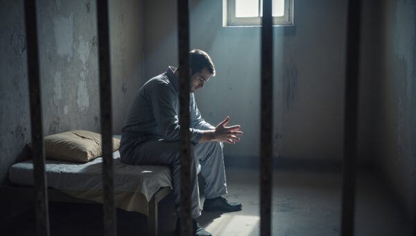 Download this realistic prisoner in cell photo with dim lighting, ideal for justice awareness articles, crime storytelling, and legal education materials.