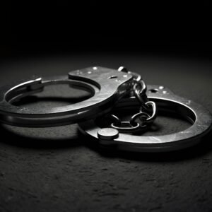 Download this ultra realistic metal handcuffs close-up photo with visible steel texture, ideal for legal blogs, crime themes, and documentary visuals.