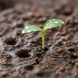 Download this macro photo of raindrops soaking dry soil with new plant sprout, ideal for sustainability blogs, environmental themes, and growth concepts.