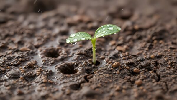 Download this macro photo of raindrops soaking dry soil with new plant sprout, ideal for sustainability blogs, environmental themes, and growth concepts.