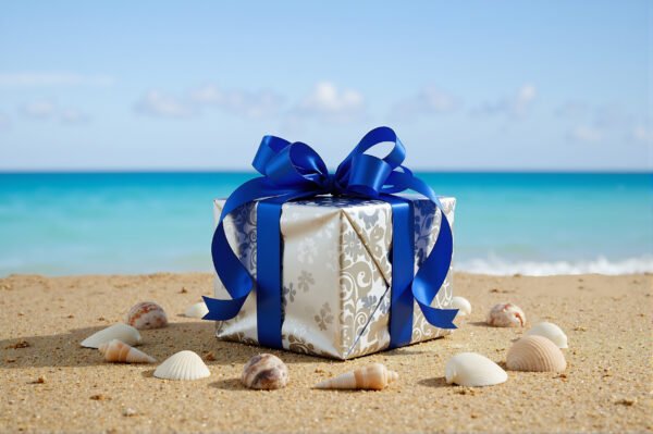 Download this wrapped birthday gift box photo on sandy beach with blue ribbon, perfect for summer celebration designs and greeting visuals.