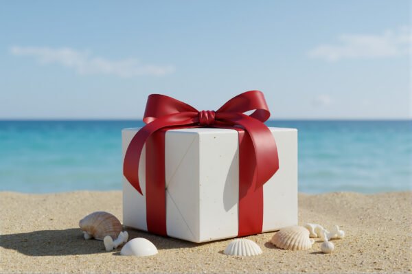 Download this beach birthday gift photo with red ribbon and ocean backdrop, ideal for festive greeting cards and summer party themes.