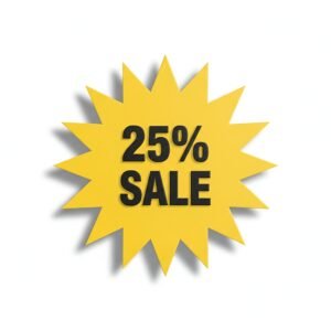 Download this bright yellow 25% sale starburst sticker image, ideal for ecommerce discount banners, store promotions, and product highlight visuals.