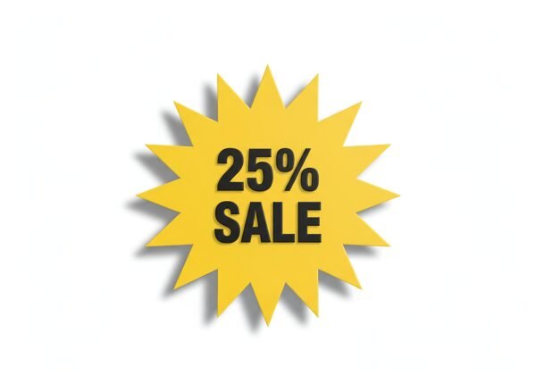 Download this bright yellow 25% sale starburst sticker image, ideal for ecommerce discount banners, store promotions, and product highlight visuals.