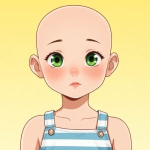 cartoon style image of bald girl with no hair green eyes in summer cloths front view uKzqSW2y upscaled