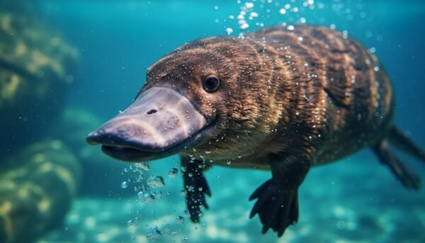 close up of platypus swimming underwater duck bill prominent glossy wet fuary style vibrant colors professional wildlife photography ultra detailed VZHsDGOl upscaled