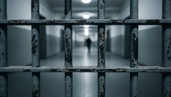 close up realistic image of thick metal prison bars with shallow depth of f confinement professional documentary photography style no text no logos slgB6VWn upscaled