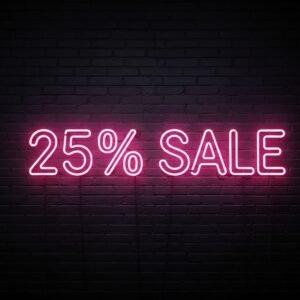 Download this neon 25% sale image with glowing pink text, perfect for night sale campaigns, trendy ecommerce banners, and digital retail marketing.