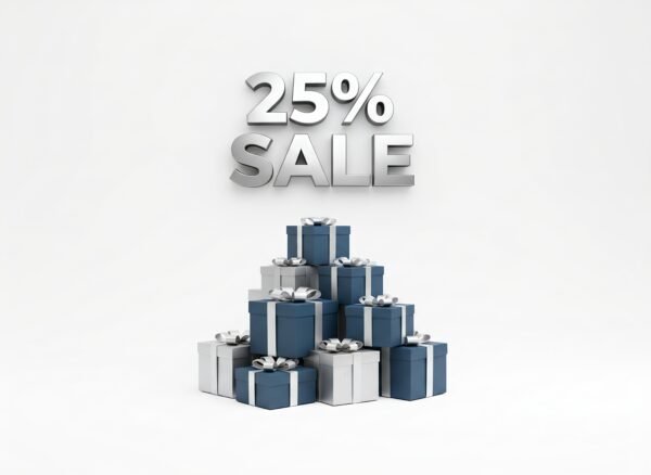 Download this 25% sale gift boxes image, perfect for holiday promotions, seasonal campaigns, and ecommerce discount announcements.