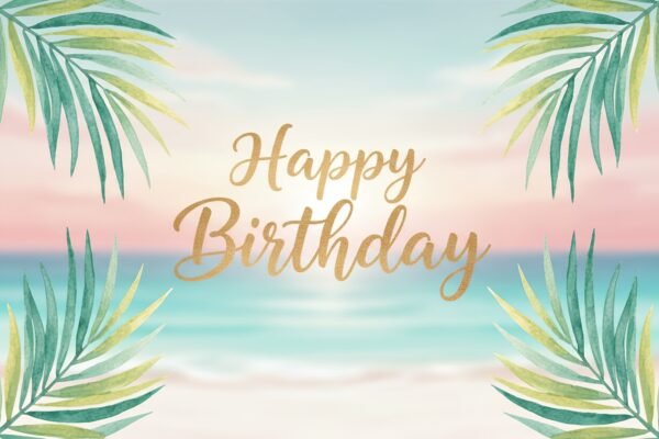 happy birthday text centered with watercolor style palm leaves and beach bblurred behind soft tropical color palette elegant beach celebration vibe RRINynff upscaled