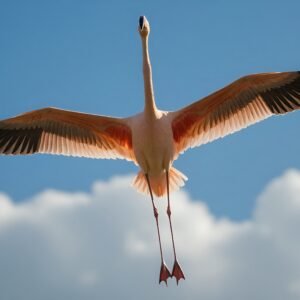 large pink flamingo taking off into the sky with wings fully spread feathers detailed and glowing slightly in sunlight. Blue sky with soft clouds in background