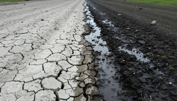 Download dry & wet soil comparison photo showing rainwater soaking cracked earth, ideal for climate change, agriculture content & sustainability visuals