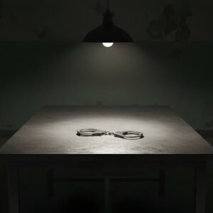 realistic image of metal handcuffs placed on a metal table in a dim interrhadows gritty but realistic atmosphere clean composition no text no logos yIh26MHR upscaled