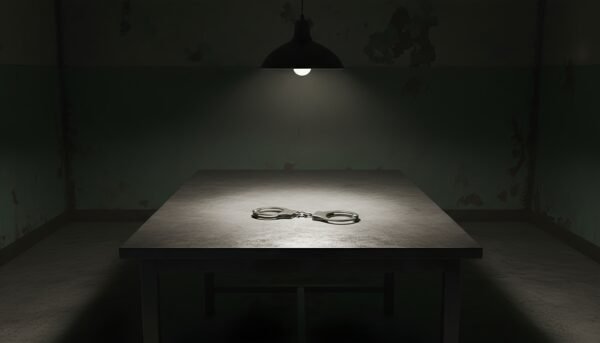realistic image of metal handcuffs placed on a metal table in a dim interrhadows gritty but realistic atmosphere clean composition no text no logos yIh26MHR upscaled