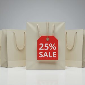 Download this 25% sale shopping bags image with bold red discount tag, perfect for retail promotions, ecommerce banners, and seasonal marketing campaigns.