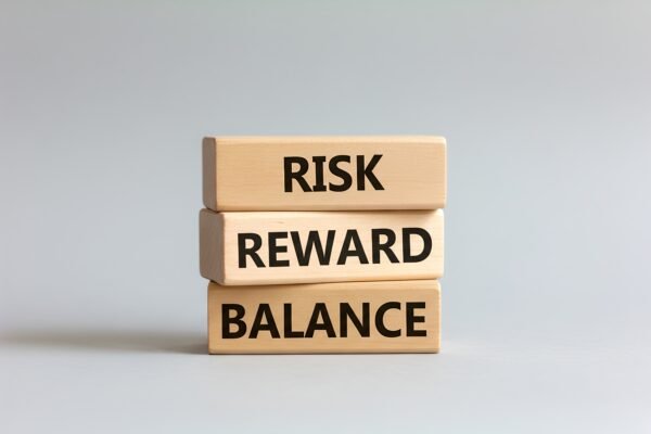 Download this Risk Reward Balance wooden blocks image, perfect for stock market education, trading psychology articles & financial risk management content