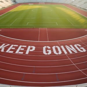 top down realistic photo of a red running track where white lane markings ic motivation concept high realism no people no logos exact readable text jd0D95Zx upscaled