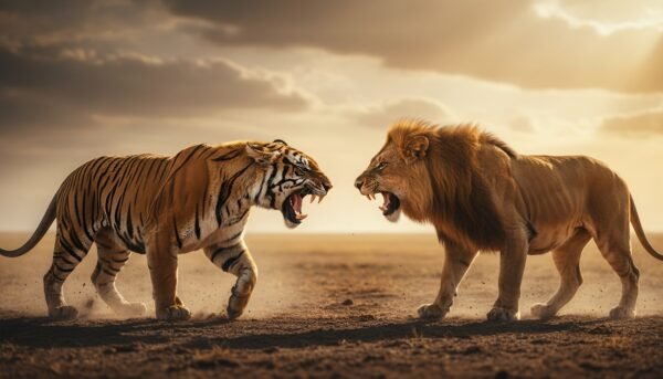 Download this dramatic tiger and lion wildlife photo in open savanna landscape, ideal for nature blogs, animal strength themes, and wildlife documentaries.